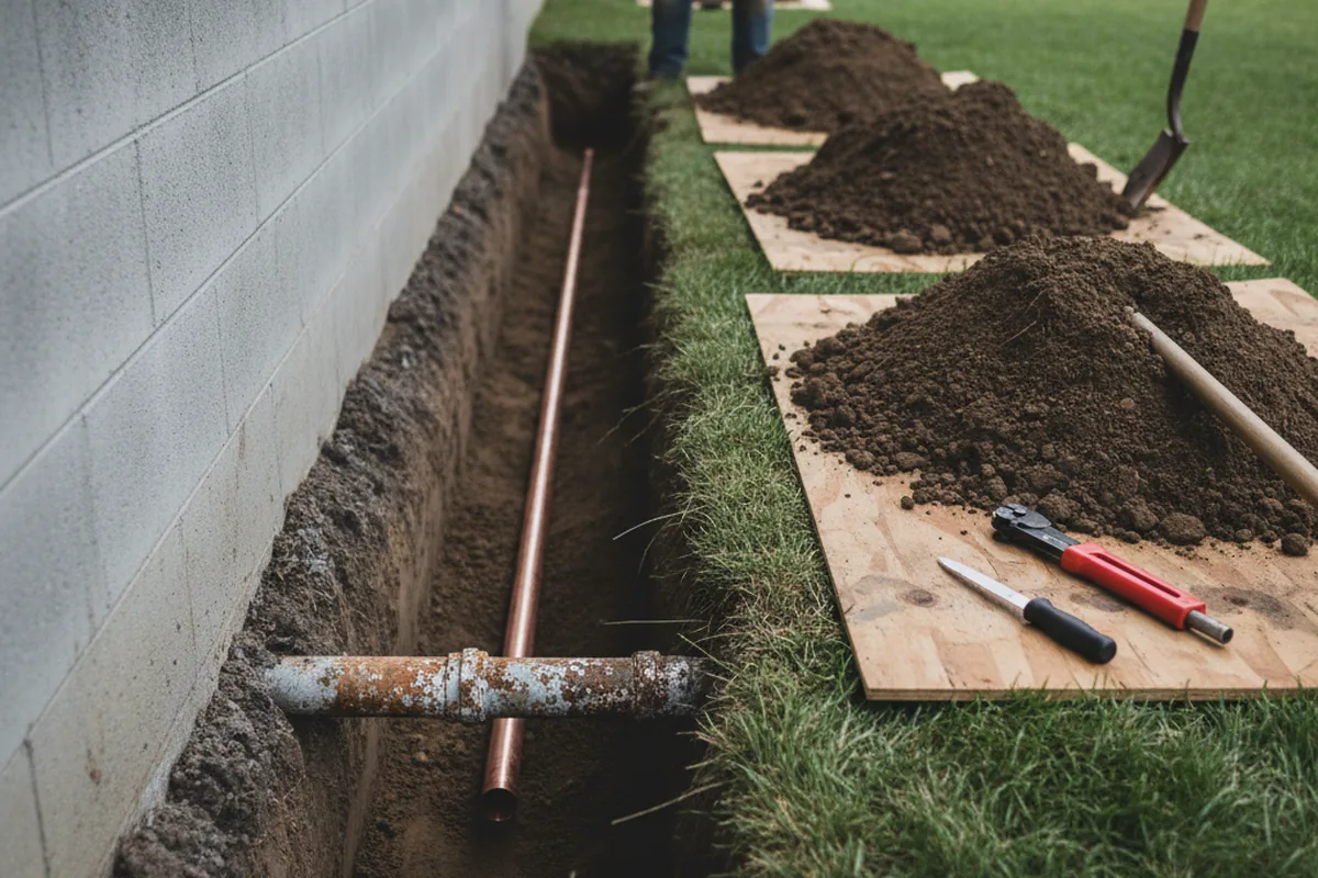 Excavated water line trench during Water Heater Repair in Parkton